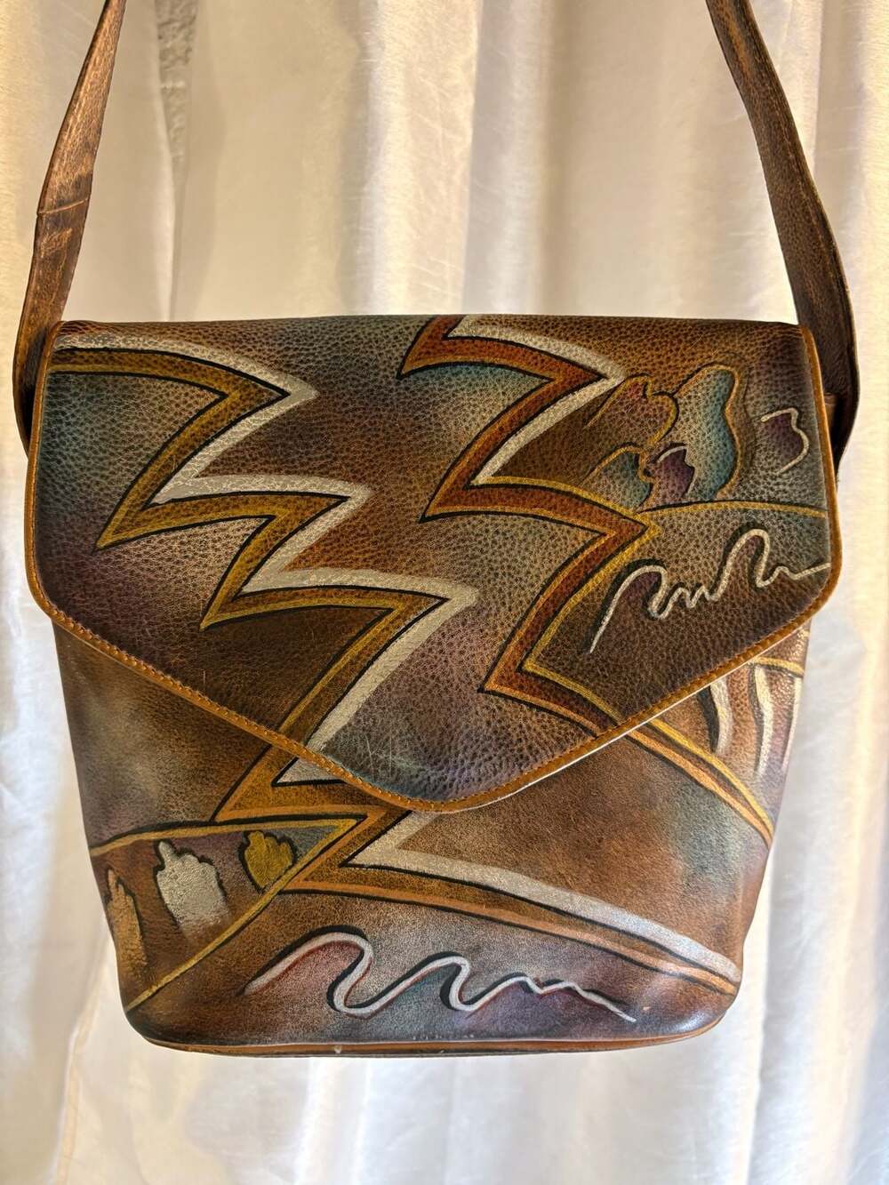 Vintage Hand Painted Leather Southwestern Crossbody Bag